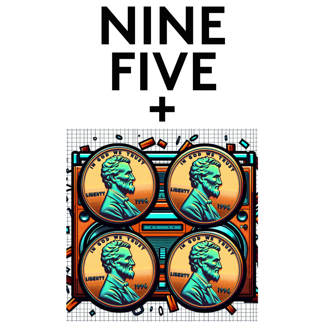 Bold design with “Nine Five +” and four pennies – 1999 reference by Genius Mangoes.