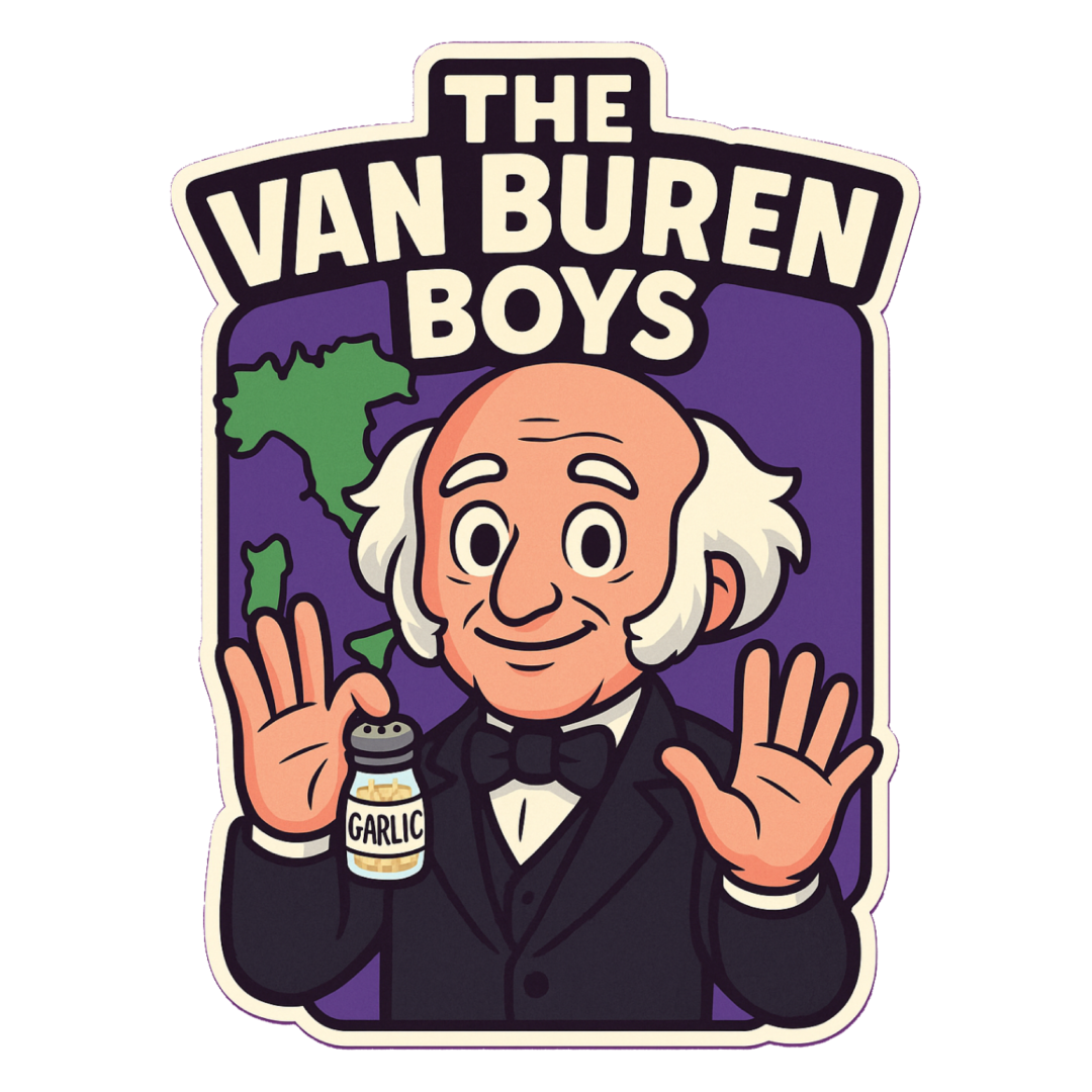 Cartoon Martin Van Buren showing 8 fingers with a garlic shaker, purple background, and map of Italy – The Van Buren Boys design by Genius Mangoes.
